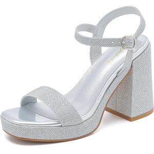Platform Sandals Women Fashion Block Chunky Heeled Sandals Open Toe High Heels Evening Wedding Party Prom Dance Summer Ankle Strap Dress Shoes (5.5, Glitter Silver)