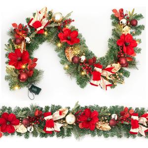 GarveeHome 6 ft Artificial Christmas Wreath for Front Door with LED Lights, Red Balls & Flowers, Pine Needles Decoration for Home Office Wall Window Fireplace Winter Holidays