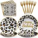 Grencian 96 Pcs Cheetah Print Birthday Decorations White Leopard Plates and Napkins Leopard Print Party Supplies Safari Themed Paper Plates for Jungle Safari Cheetah Theme Party Baby Shower Serves 24