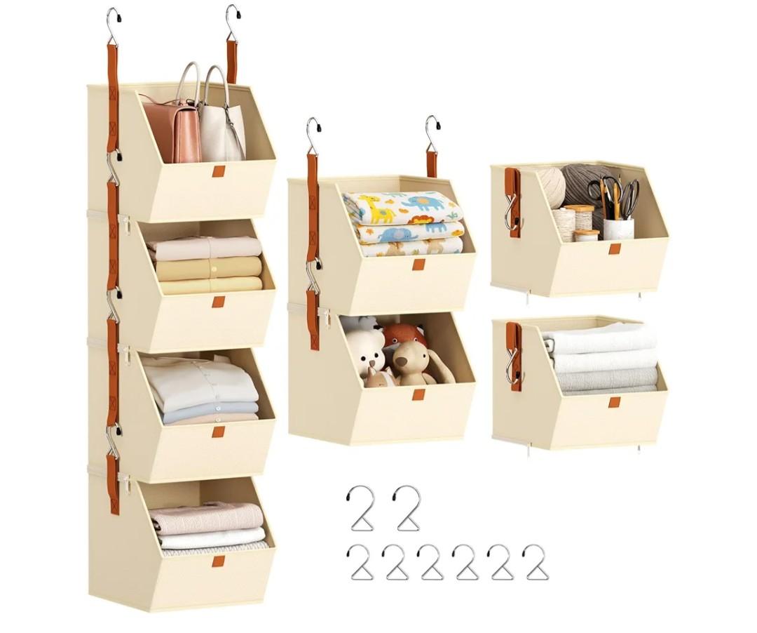 Hanging Closet Organizer 4 Tier - Clothes Hanging Shelves, Space-Saving Closet System, Fabric Storage Bins Bedroom Organization, Collapsible Baskets for Home, Dorm, Rv, Beige