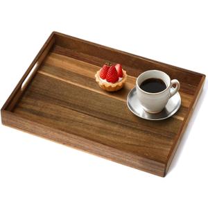 Acacia Wood Serving Tray with Handles, 17 Inch Wooden Tray for Ottoman, Breakfast, Lunch, Dinner, Decorative Rectangular Tray for Living Room, Kitchen Counter, Outdoor
