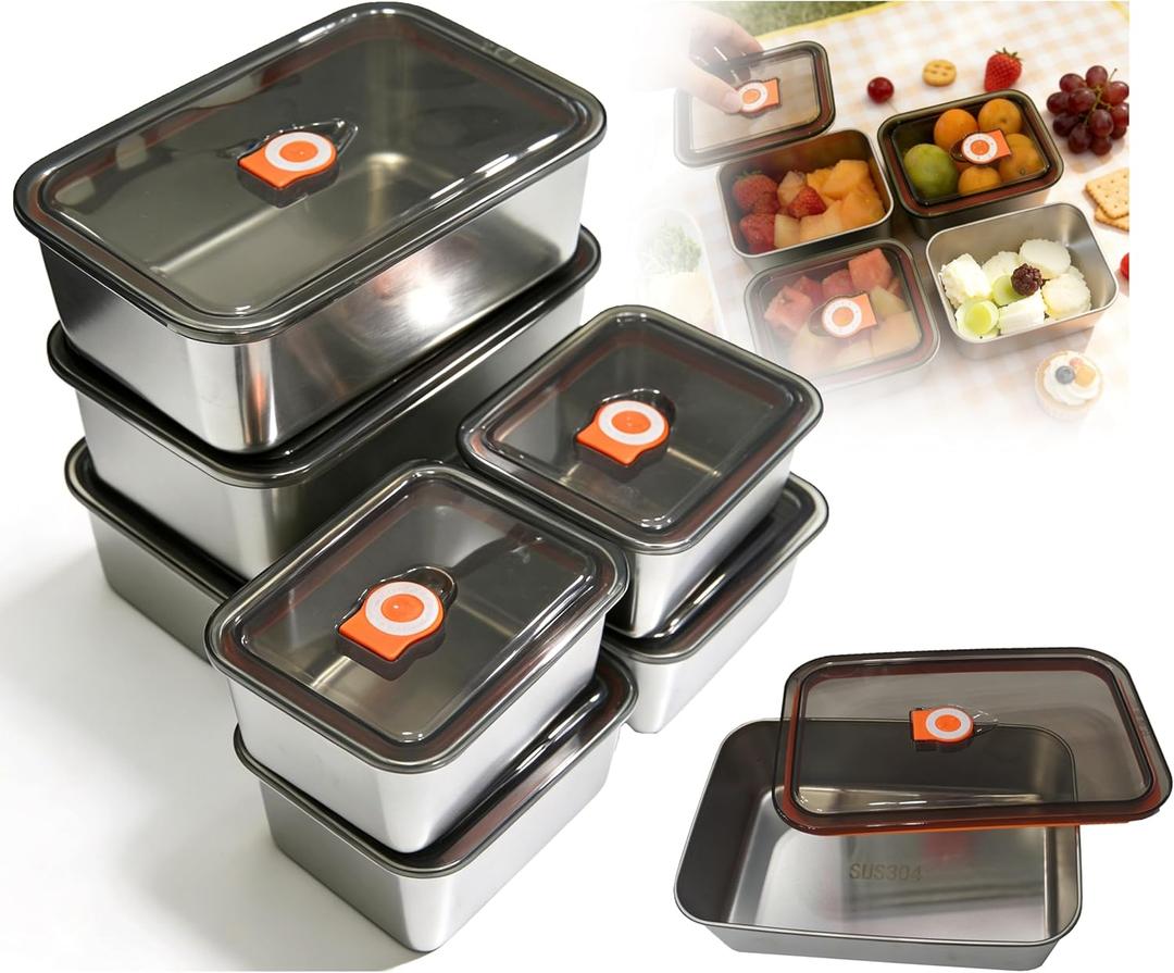 7 Pack 304 Stainless Steel Food Containers with Leakproof Lids, Reusable Metal Storage Containers, Oven/Dishwasher/Freezer Safe