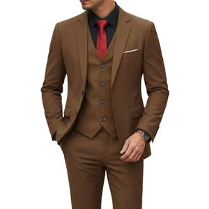 YND Men's 3 Piece Suit Set with Tie, 2 Button Slim Fit Solid Blazer Jacket Vest Pants, Business Wedding Party Suits for Men, Khaki, Large