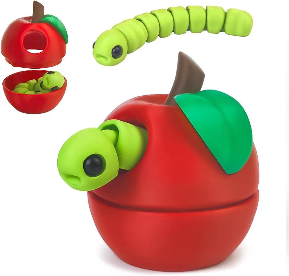 3D Printed Apple Container with Worm Flexi Inside,3D Printed Animals Toys,STEM Educational Toy for Nature Learning,Fun Sensory Fidget Toy for Kids, Unique Fun Decoration (Red)