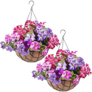 Thiccywoov 2 Pack Artificial Hanging Flowers in Basket for Spring Summer Outdoor Decor Fake Hanging Plant Faux Petunias Flower with 12 inch Coconut Lining Basket for Patio Garden Porch Home(Colorful)