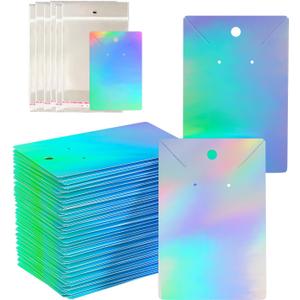 300pcs Holographic Earring Card Holder Paper Tags for DIY Ear Studs Necklace Jewelry Display,150 Set Earring Card with 150 Pcs Bags