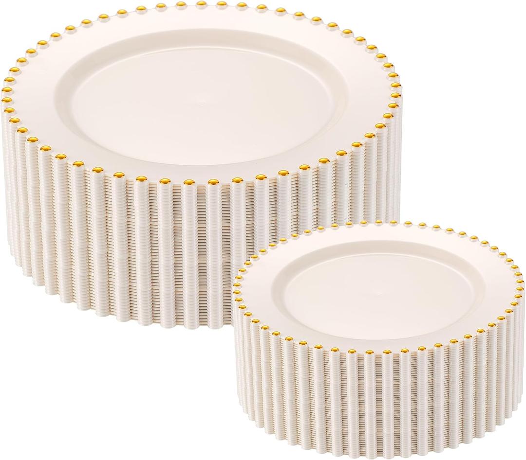 80pcs Ivory Plastic Plates with Gold Rim, Cream Heavy Duty Fancy Party Plates, 40 Dinner and 40 Dessert Plate for Party, Wedding, Deaded Disposable Plate