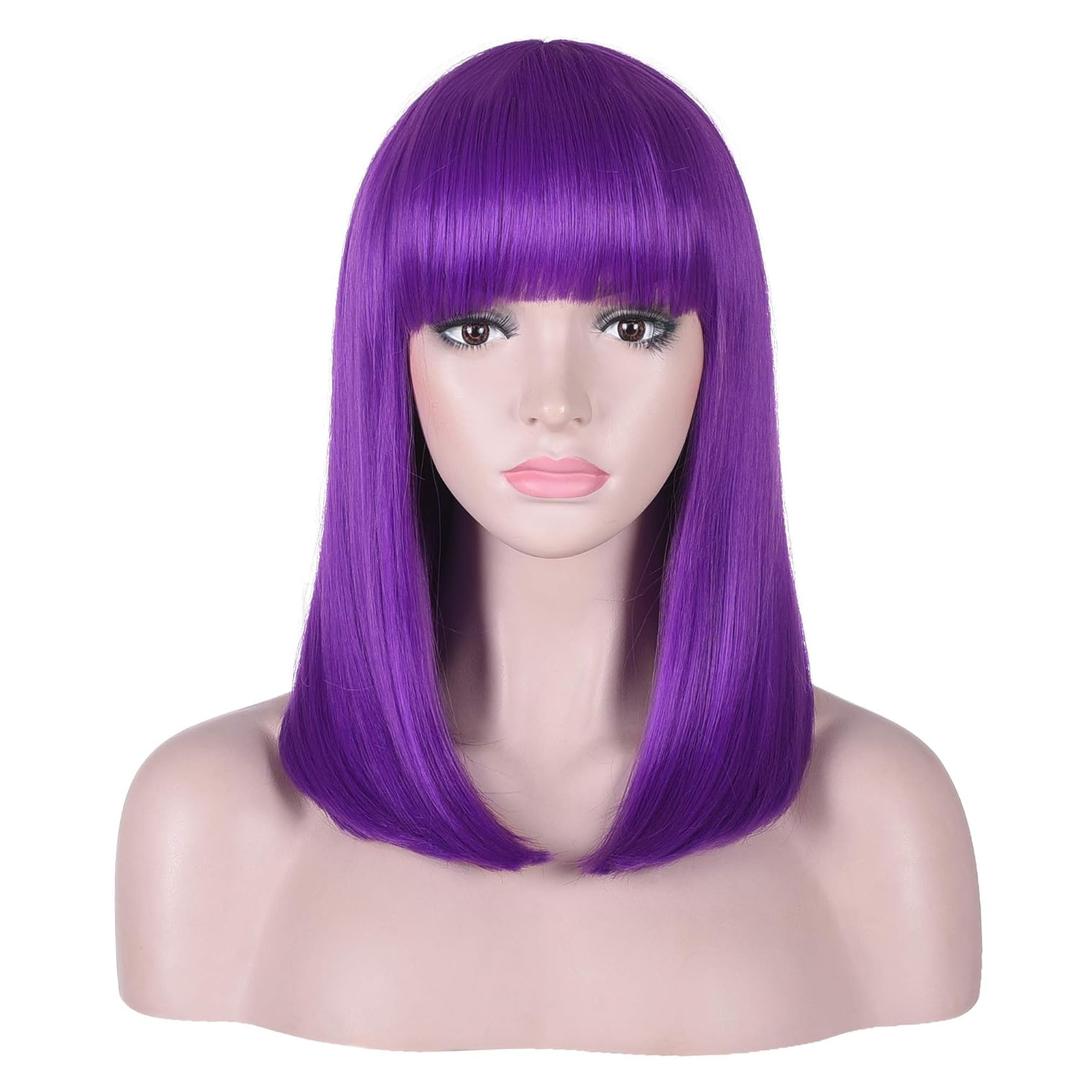 15 Inch Short Straight Purple Bob Wig with Bangs | Natural Heat Resistant Synthetic Hair for Women Costume Wigs