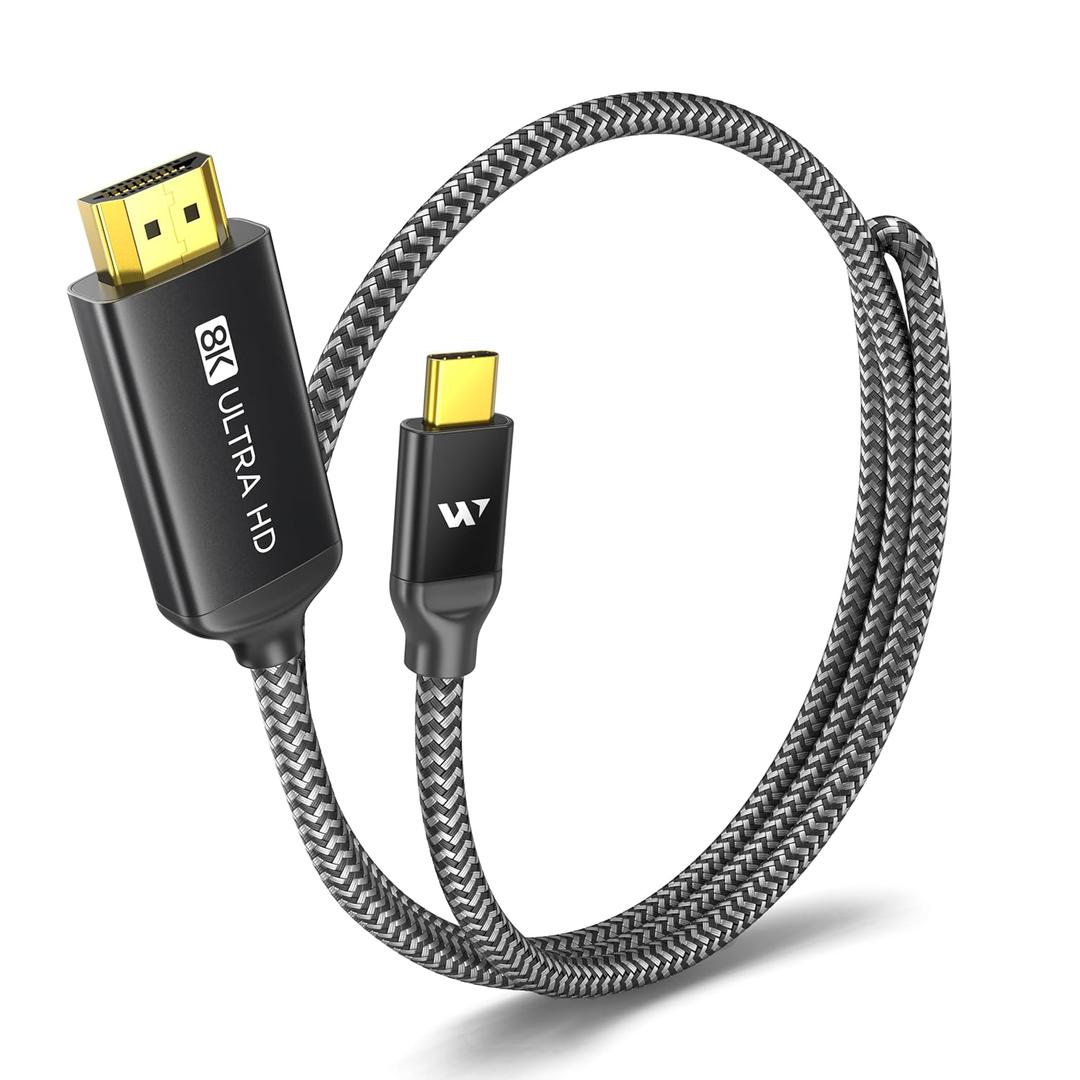 WARRKY USB C to HDMI 2.1 Cable 8K@60Hz, 4K@240Hz/120Hz,[Gold-Plated Plug, Aluminum Case]48Gbps,HDCP2.3,Compatible with Thunderbolt 3/4/5, USB4, iPhone 16/15, MacBook Pro/Air, Galaxy S24,Dell,XPS,3.3FT