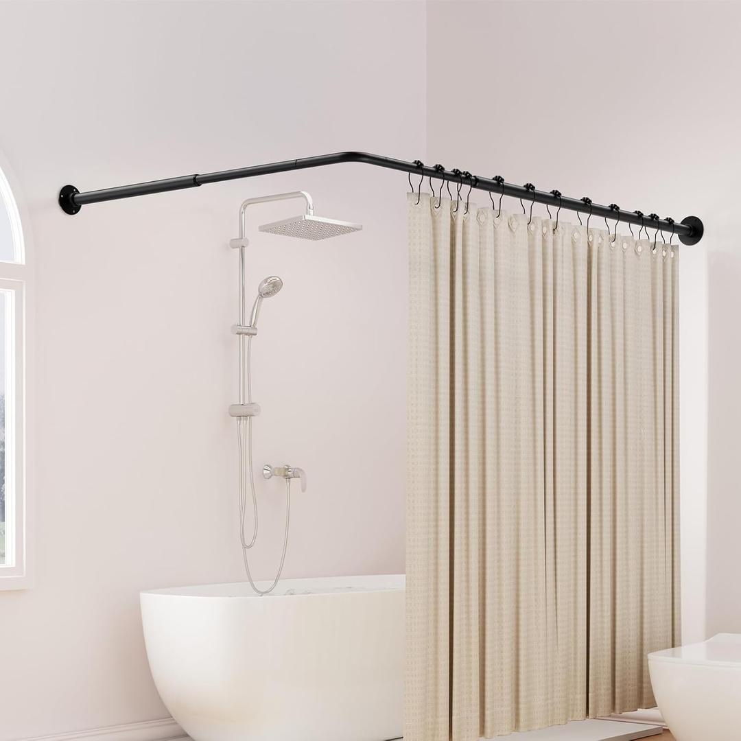 Supforce Curved Shower Curtain Rod, L Shaped Corner Shower Rod [24"-37"] x [24"-37"] Adjustable, Stainless Steel 90 Degree Angled Shower Curtain Rod with 12 Hooks & Ceiling Support, No Sagging