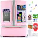 PLAY Kids Kitchen Refrigerator with Ice Dispenser, Pretend Kid Toy Fridge Kitchen Playset, Kitchen Appliance Accessories for Girl Boy Christmas Birthday Gift Age 3+, Pink