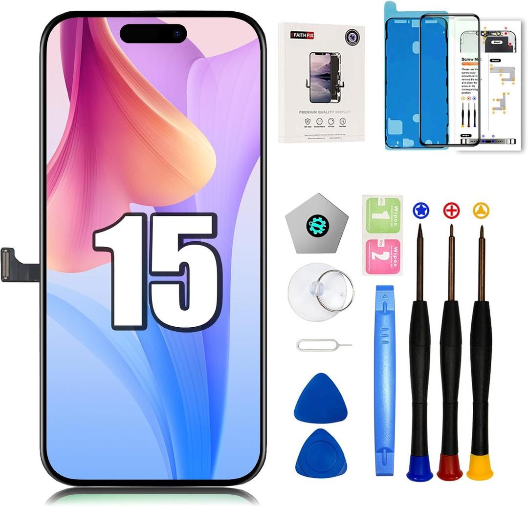 EFAITHFIX for iPhone 15 Screen Replacement 6.1 Inch LCD Screen 3D Touch Display Full HD Digitizer Frame Assembly (A2846, A3089, A3090, A3092) with Repair Tools Kit Screen Protector Waterproof Adhesive