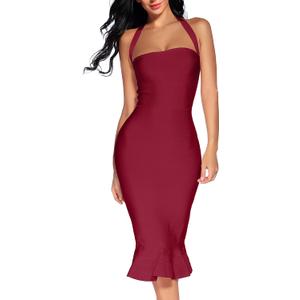 houstil Women's V Neck Halter Fishtail Bandage Bodycon Dress Party (Medium, Wine)