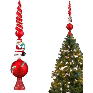 Sosation Glass Santa Claus Design Treetop 3 Tier Retro Glass Finial Tree Topper Vintage Spherical Christmas Tree Toppers Ornaments with Carved Pattern Unique Xmas Treetopper for Home Decoration, 13''