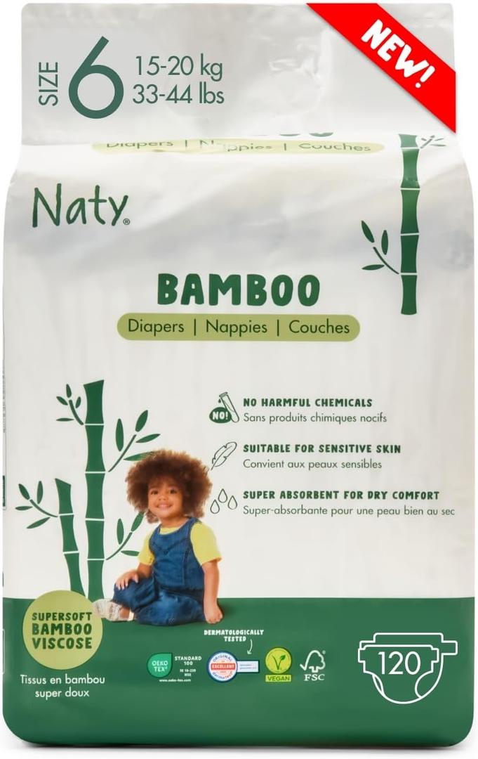 Naty Bamboo Viscose Baby Diapers  Silky Soft, Plant Based, Dermatologically Tested for Sensitive Skin & Super Absorbent (Size 6, 120 Count)