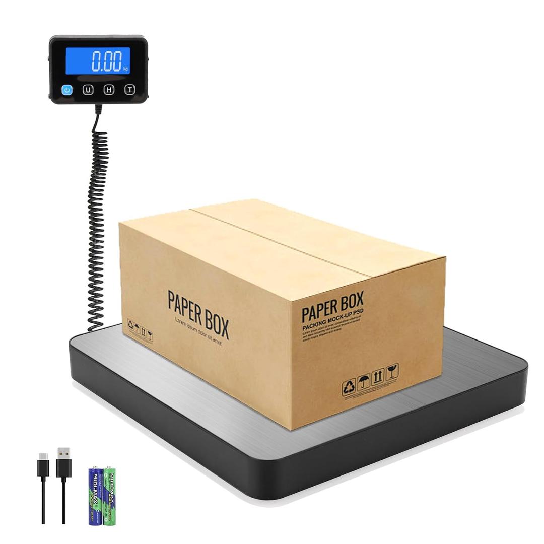 Digital Shipping Scale, 5g High Accuracy 440 lb Postal Scale with Hold and Tare Functions for Parcels/Luggage/Home, Manual/Auto Shutoff, Extended LCD Display, Batteries and AC Adapter Included (Silver-Stainless Steel)