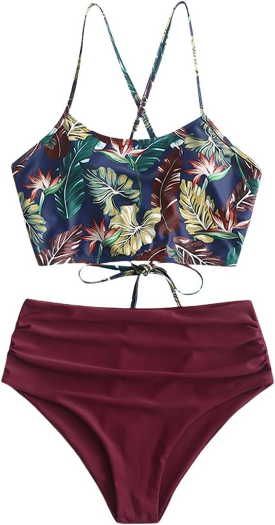 ZAFUL Women's Ruched High Waisted Tankini Swimsuit Criss Cross Bikini Set Tummy Control Bathing Suit (X-Large, Plum Pie)