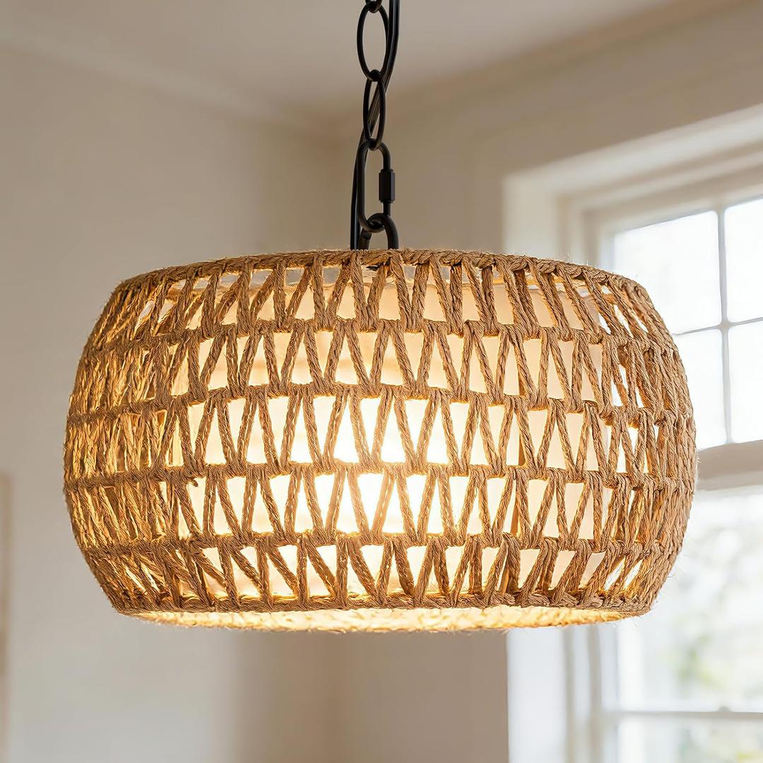 Rattan Chandelier with Fabric Shade, 3-Lights Boho Light Fixture with Adjustable Chain, Hand-Woven Rattan Pendant Light 2 Tier Wicker Chandelier for Dining Room Living Room Kitchen Foyer