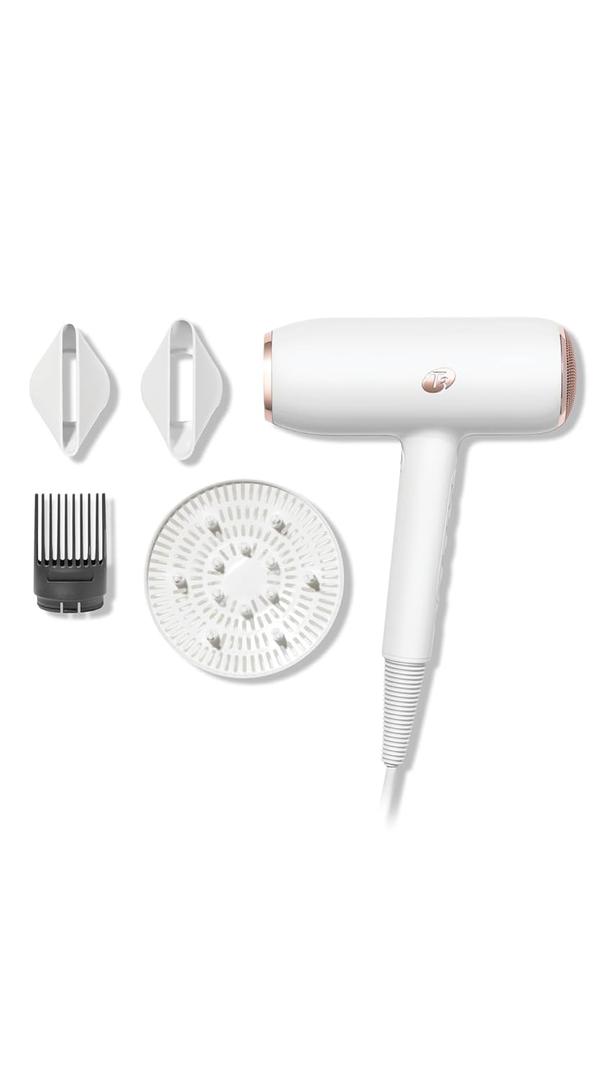 T3 Featherweight StyleMax Professional Ionic Hair Dryer with Custom Heat Automation & 4 Attachments,Fast Drying,Lightweight with 5 Heat & 3 Speed Settings,2 Concentrators,Diffuser & Smoothing Comb (1" Clip Iron, White)