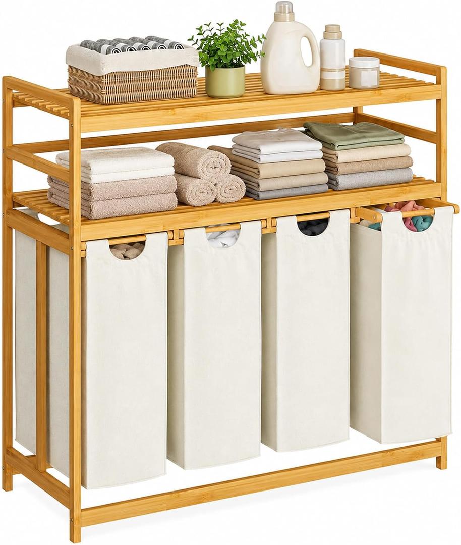 Bamboo 200L Laundry Hamper with 2 Tiers Shelf, Laundry Room Organization
4 Section Laundry Sorter with Removable Pull-Out Bag, Large Dirty Clothes Hamper for Laundry Room, Bathroom, Bedroom, Natural