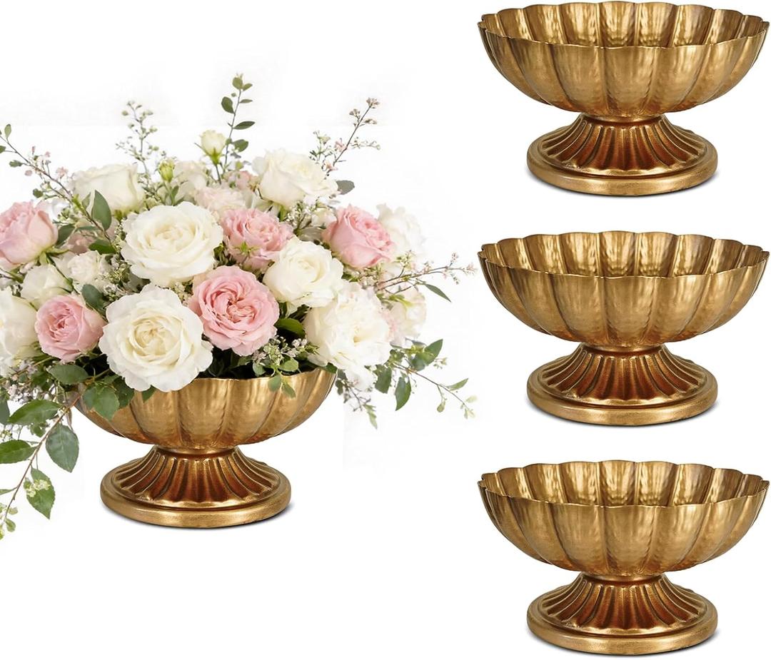 Small Gold Vases for Centerpieces: Antique Gold Flower Vase for Wedding 4 Inch Brass Compote Vase Metal Pedestal Bowl Flower Urn for Party Event Home Decor Set of 4