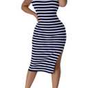 Women's Casual Spring Summer Stylish Striped Round Neck Sleeveless Knitted Slit Midi Dress Deep Blue (Blue, L)