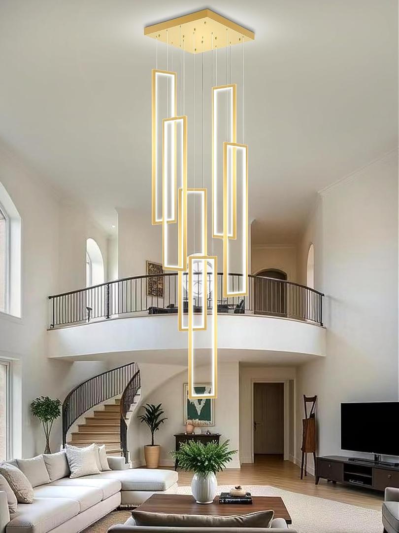 Flashing God Modern Chandelier,Gold Chandeliers with 6 Ring Led Foyer Chandeliers,Larger High Ceiling Chandelier for Living Room,Rectangle Chandelier for Entryway Staircase LED Dimming 2700k-6001k, Highest 138"