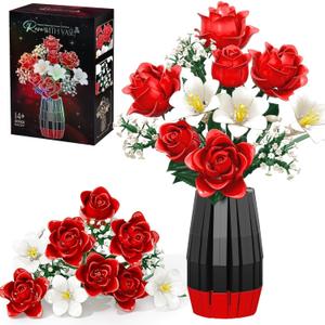 Rose Flowers Bouquet Building Set with Vase Included, 1077 PCS Artificial Flowers Botanical Collection Kit for Adults Women Men & Teen Girl, Mother's Day Birthday Gifts for Mom Her Wife Girlfriend