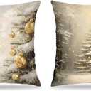 Vintage Christmas Tree Santa Pillow Covers 18x18 Set of 2, Nostalgic Christmas Decor, Rustic Neutral Holiday Winter Xmas Decorative Pillow Covers for Home Living Room Bedroom