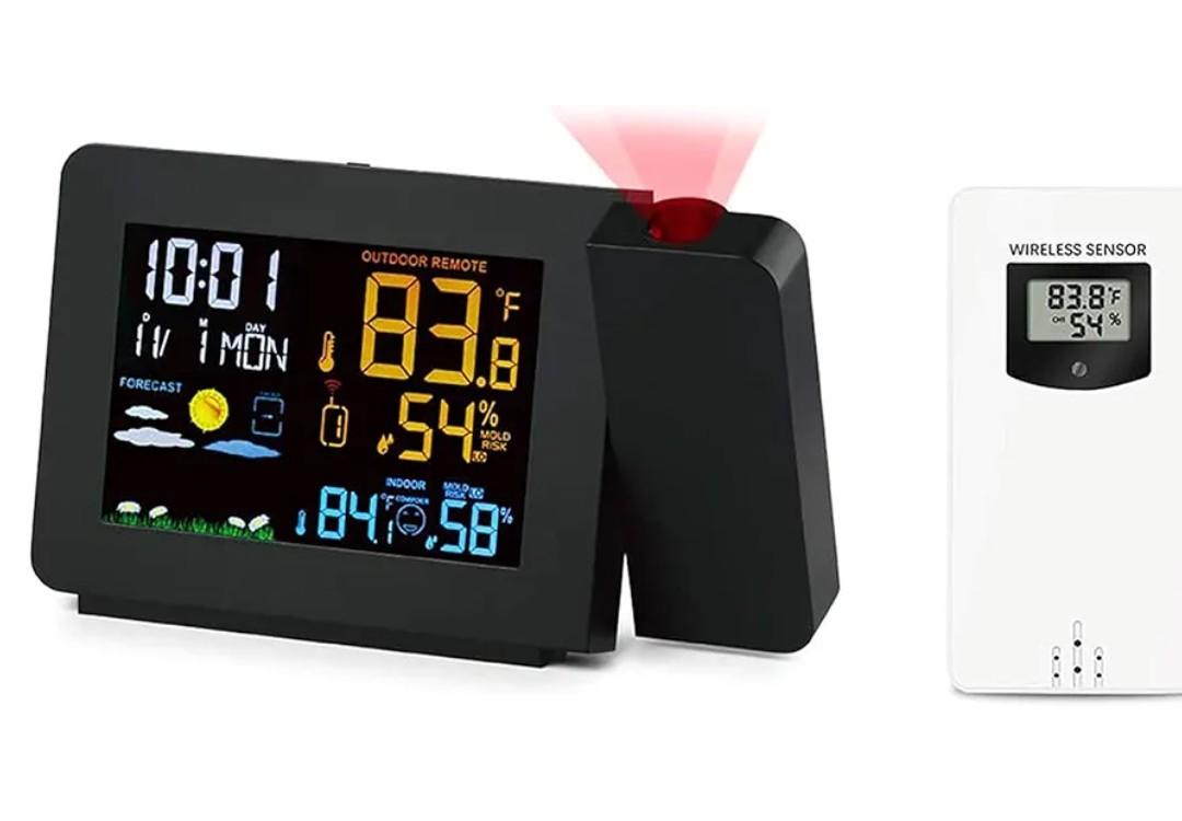 Wireless Weather Station Projection Alarm Clock, with Backlight Colorful Outdoor Weather Sensors, Date Snooze Digital Temperature Humidity Clock