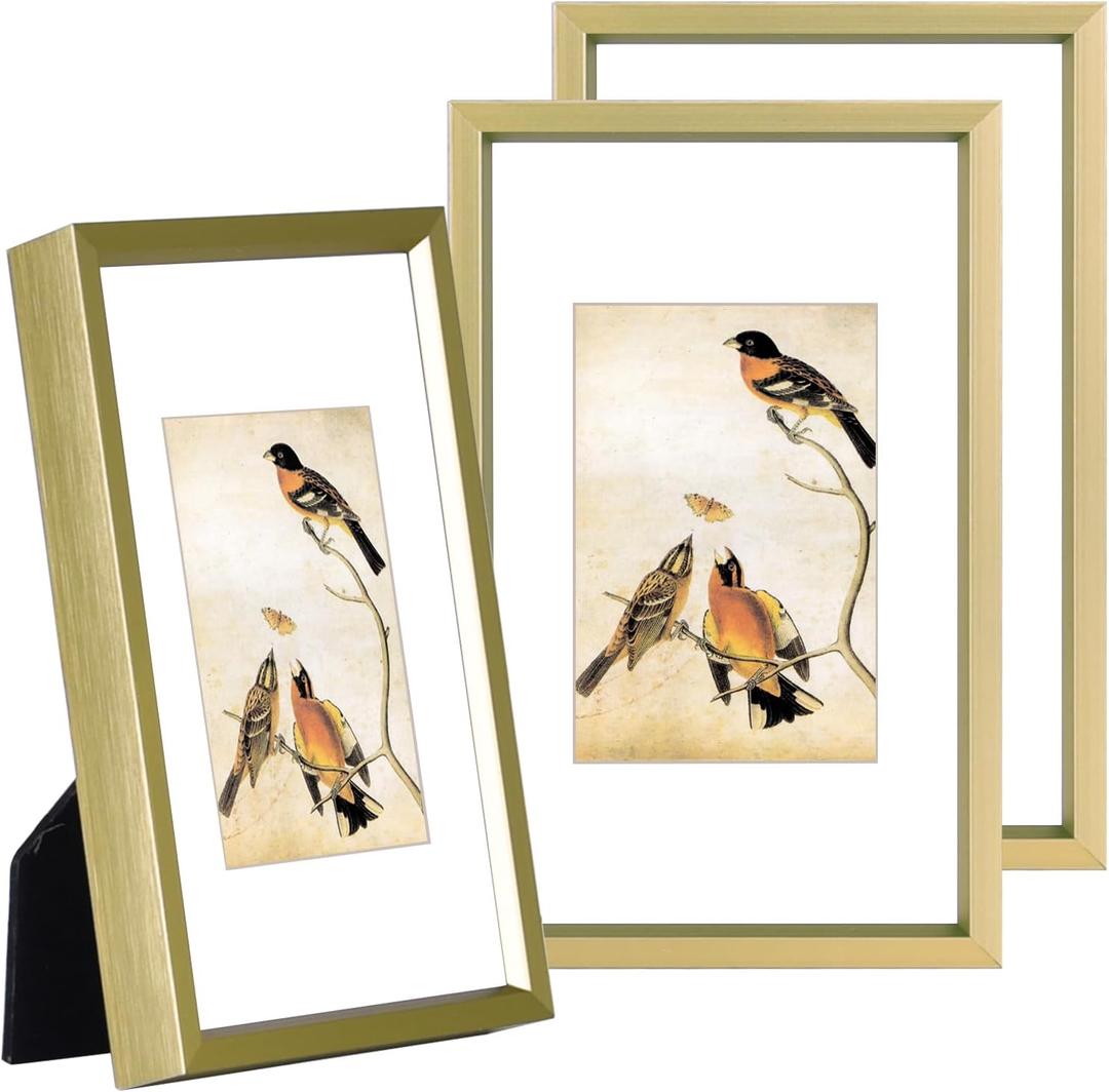 3x5 Picture Frame Set of 3, Brass Aluminum Metal Photo Frames with HD Glass, Fits 2x3 with Mat or 3 x 5 without Mat, Display for Wall and Table