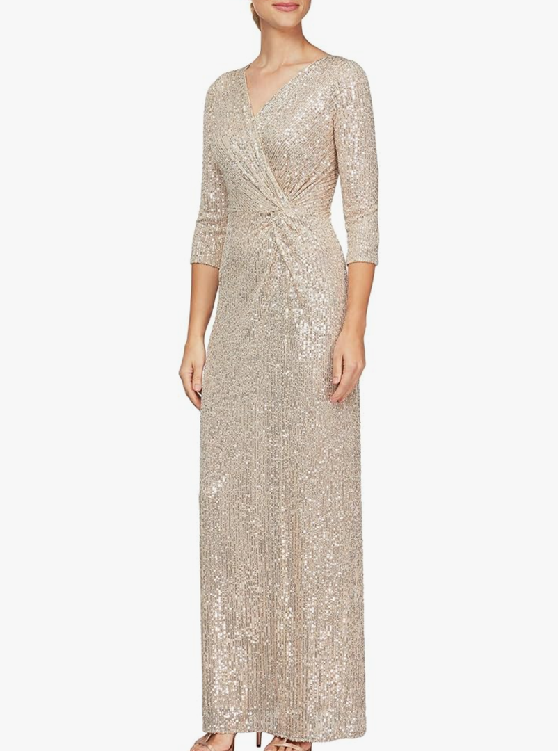 Alex Evenings Women's Long 3/4 Sleeve Formal Event Dress with Cinched Tie Waist (Petite and Regular Sizes) 16