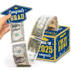 Graduation Decoration Class of 2025 Money Box - Blue and Gold Graduation Money Box for Cash Gift Pull Congrats Grad Card and 100Pcs Transparent Bags for Graduation Gift Party Supplies