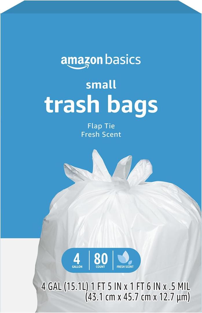 Amazon Basics Small 4 Gallon Trash Bags with Flap Ties, Fresh Scent, Odor Control, 0.5 mil Thick, 80 Count