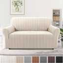H.VERSAILTEX High Stretch Loveseat Covers 1-Piece Couch Cover Non Slip Sofa Cover with Elastic Bottom Thick Soft Sofa Covers Washable Polyester Spandex Jacquard Fabric Stripe Design(Loveseat, Natural)