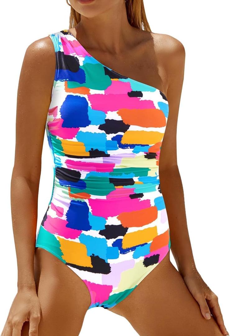 Daci One Shoulder One Piece Swimsuits for Women Tummy Control Bathing Suits Modest Full Coverage Slimming Swimwear (Medium, Color Block)