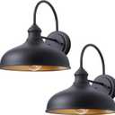 2 Pack Goosenck Barn Lights Outdoor, 10 Inch Dome Farmhouse Exterior Lighting for Porch, Matte Black Wall Mount Light with Brass Interior, Outside Barn Style Wall Sconce for Patio, Garage (10" Dome, Black and Gold)