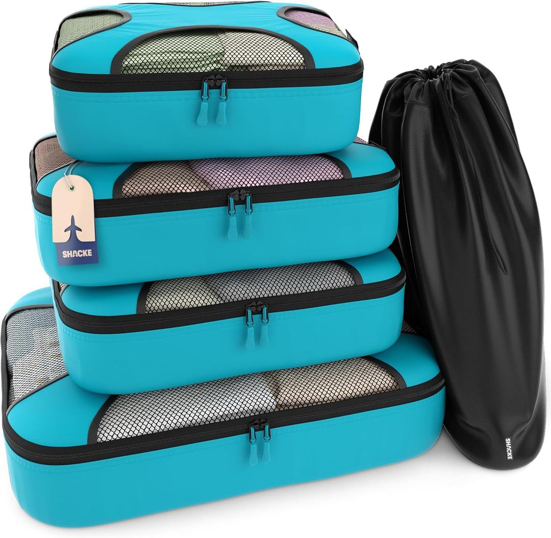 Shacke Packing Cubes for Travel 5 Set - Compression Luggage Organizer Bags - Versatile Travel Organizer for Women and Men - Optimized Packing Bags - Travel Essentials (Aqua Teal)