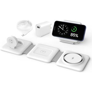 Charging Station for Apple Multiple Devices - 3 in 1 Foldable Magnetic Wireless Charger Dock - Travel Charging Pad for iPhone 16 15 14 13 12 Pro Max Plus Watch & Airpods (White)