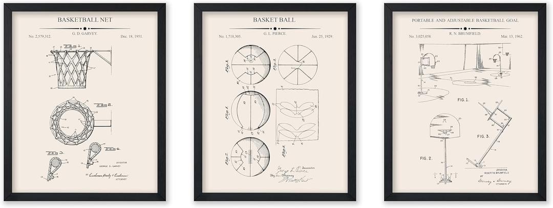 Poster Master 3-Piece Basketball Blueprint Poster - Basketball Net Patent Print - Basket Ball Art - Basketball Court Art - Sports Art - Technical Drawing Art - Gym Wall Decor - 8x10 UNFRAMED Wall Art (8L" x 10W")