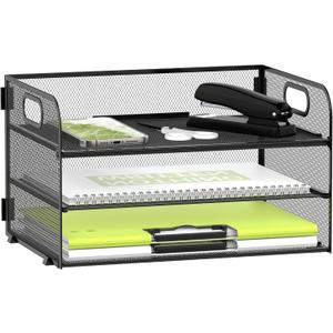 DALTACK 3 Tier Paper Organizer with Handle, Mesh Metal Desk Organizer with Sliding Paper Trays for Letter/A4 Paper, Mail, Bills & Folders, Black