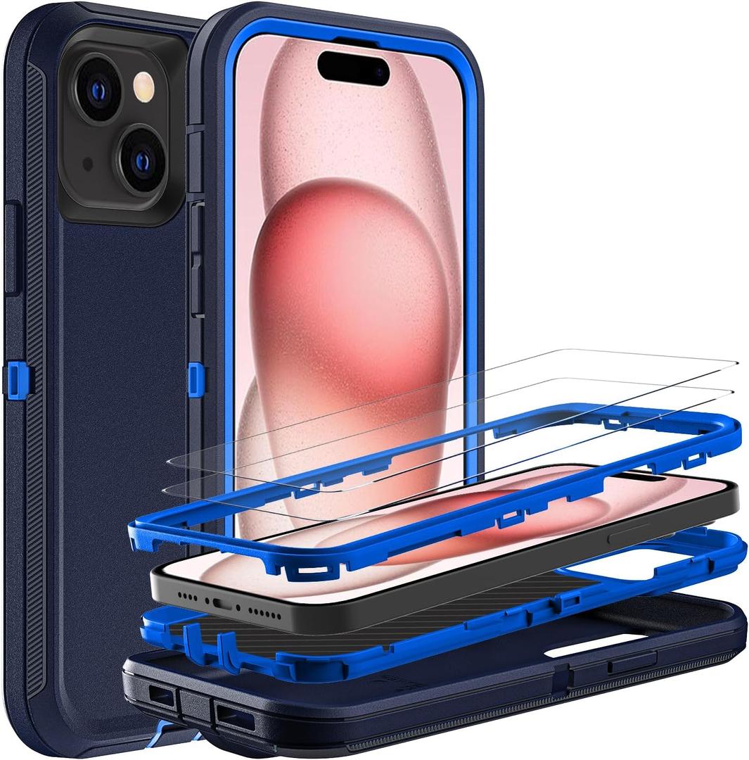YKHJKLEC for iPhone 15 Case, Military Grade 3 in 1 Heavy Duty Shockproof/Drop Proof/Dust Proof Case with 2Pcs Tempered Glass Screen Protector (Navy Blue)