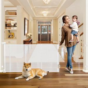 Reinforced 100 Extra Wide Dog Gate Indoor Doorway, 33 Tall Retractable Baby Gate No Bottom Bar, 8.33ft Outdoor Pet Gates for Wide Openings, Anti-Scratch Durable Mesh Gates for Kids or Pets, White