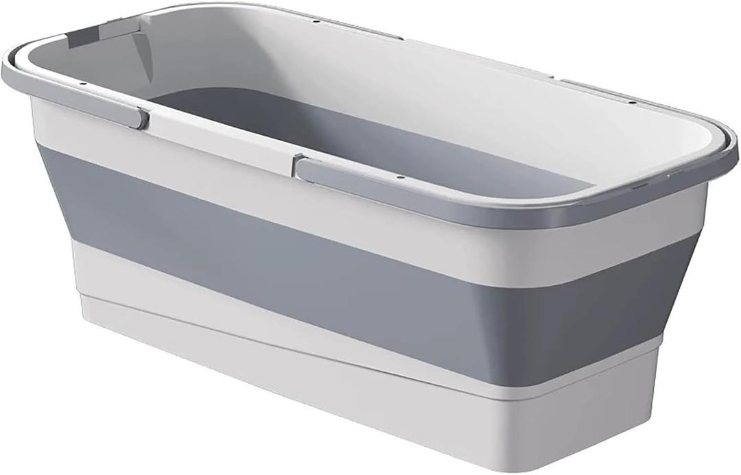 Foldable Mop Bucket with Dual Handles, Rectangular Collapsible Bucket, for House Cleaning, Camping & RV Use (19 L (5.1 Gallons), White Grey)
