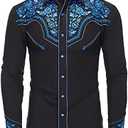 SALVAJE OESTE Western Embroidered Cowboy Shirts for Men, Casual Button Down Long Sleeve Shirt Floral Design Retro Shirt L