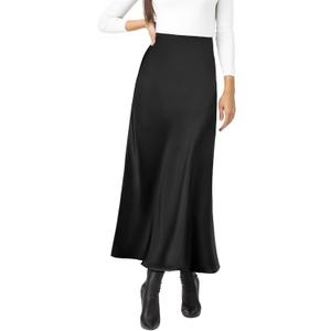 Amy Babe Women's Satin Silky High Waist Maxi Skirt Elegant Elastic Waistband A Line Long Skirts, Black, X-Large