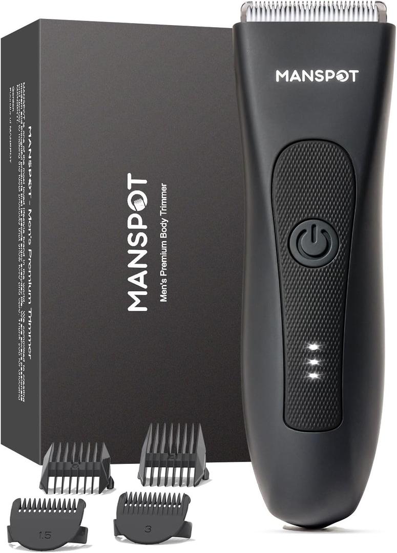 MANSPOT Manscape Groin & Body Hair Trimmer for Men, Electric Ball Pubic Trimmer Shaver,Manscape Kit with 4 Guard,Replaceable Ceramic Blade Heads,Waterproof Wet/Dry Shaver,90 Minutes Shaving (Black)