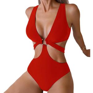 Women's Deep V Neck One Piece Swimsuit O-Ring Swimwear Sexy Cut Out Bathing Suit, Size L