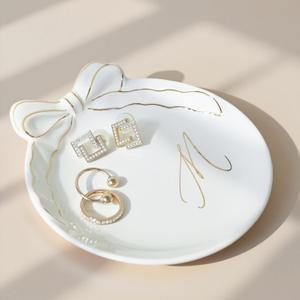 COLLECTIVE HOME Custom Initial Ceramic Jewelry Tray with Bow - Ring Holder & Earring Dish | Christmas Gift Idea for Women, Unique Birthday Present for Her (M)
