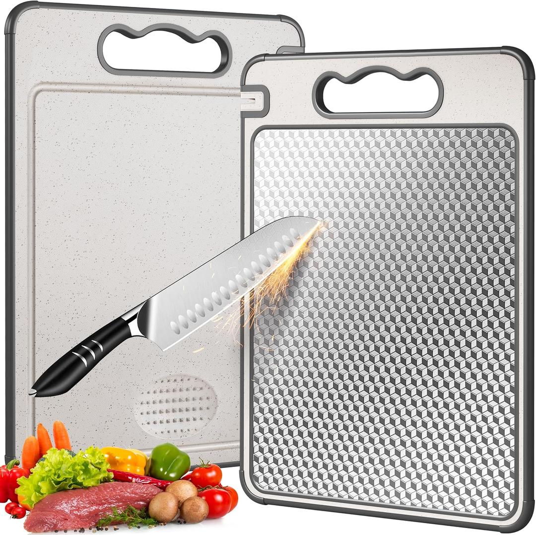 Double Sided 304 Stainless Steel & Wheat Straw Cutting Board, 14.4"*9.8" Non Toxic Chopping Board, Separately Handle Meat and Vegetables, Dishwasher Safe, Scratch Resistant Mesh Design (Gray)